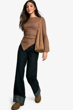 Long Sleeve Tops*boohoo Rib Asym hem long sleeve top chocolate
