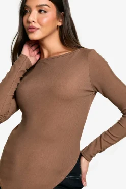 Long Sleeve Tops*boohoo Rib Asym hem long sleeve top chocolate