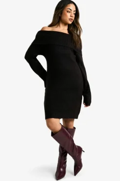 Mini Dresses|Jumper Dresses*boohoo Rib Bardot Neckline Mini Jumper Dress black