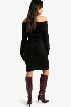 Mini Dresses|Jumper Dresses*boohoo Rib Bardot Neckline Mini Jumper Dress black