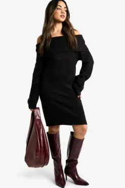 Mini Dresses|Jumper Dresses*boohoo Rib Bardot Neckline Mini Jumper Dress black