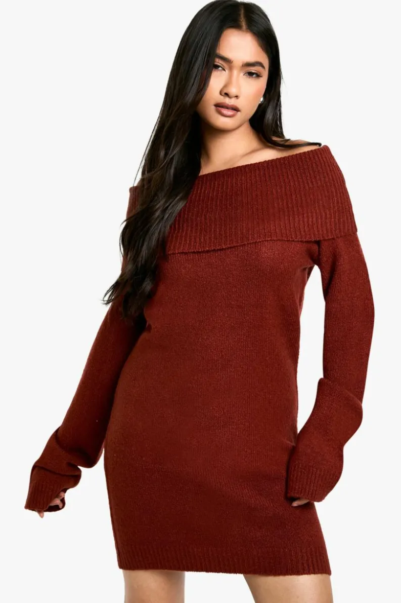 Jumper Dresses|Jumper Dresses*boohoo Rib Bardot Neckline Mini Jumper Dress chocolate