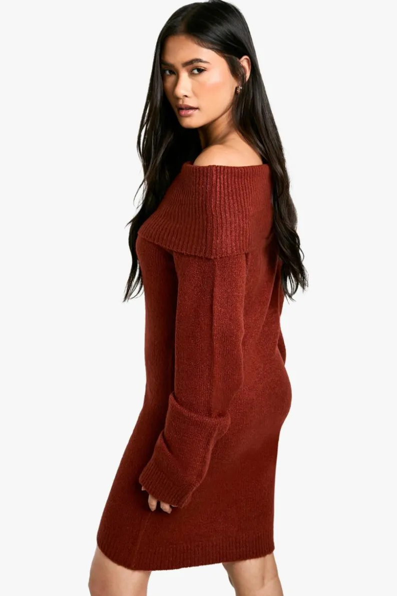 Jumper Dresses|Jumper Dresses*boohoo Rib Bardot Neckline Mini Jumper Dress chocolate