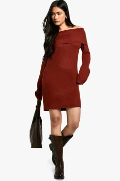 Jumper Dresses|Jumper Dresses*boohoo Rib Bardot Neckline Mini Jumper Dress chocolate
