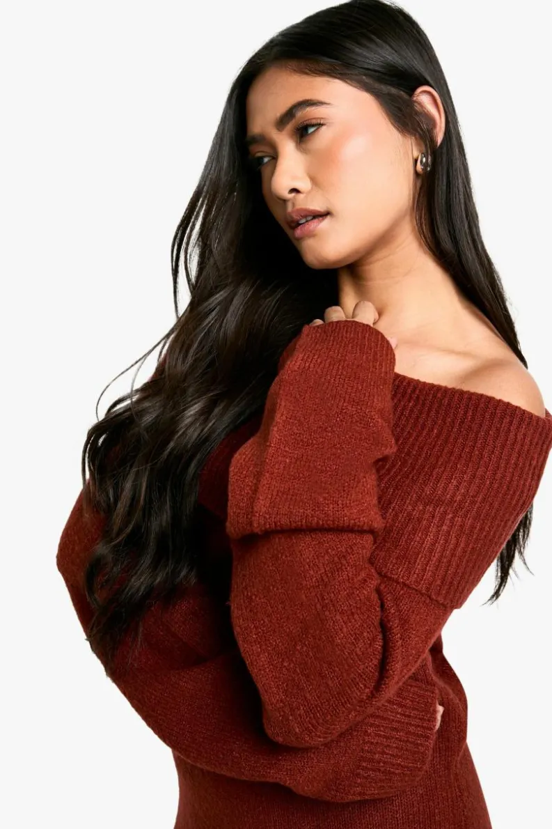 Jumper Dresses|Jumper Dresses*boohoo Rib Bardot Neckline Mini Jumper Dress chocolate