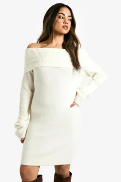 Mini Dresses|Jumper Dresses*boohoo Rib Bardot Neckline Mini Jumper Dress ecru