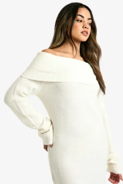 Mini Dresses|Jumper Dresses*boohoo Rib Bardot Neckline Mini Jumper Dress ecru