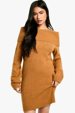 Jumper Dresses|Jumper Dresses*boohoo Rib Bardot Neckline Mini Jumper Dress camel