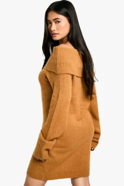 Jumper Dresses|Jumper Dresses*boohoo Rib Bardot Neckline Mini Jumper Dress camel