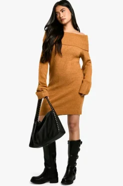 Jumper Dresses|Jumper Dresses*boohoo Rib Bardot Neckline Mini Jumper Dress camel