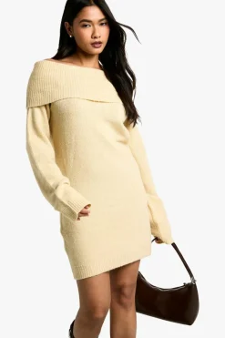 Mini Dresses|Jumper Dresses*boohoo Rib Bardot Neckline Mini Jumper Dress stone