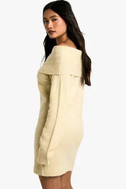 Mini Dresses|Jumper Dresses*boohoo Rib Bardot Neckline Mini Jumper Dress stone