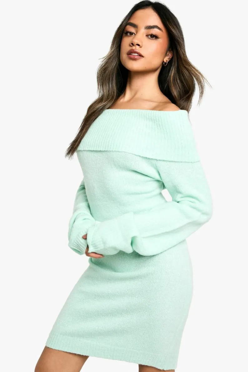 Jumper Dresses|Jumper Dresses*boohoo Rib Bardot Neckline Mini Jumper Dress mint
