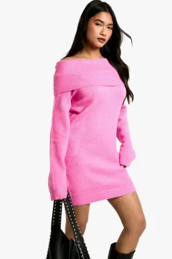 Jumper Dresses|Jumper Dresses*boohoo Rib Bardot Neckline Mini Jumper Dress pink