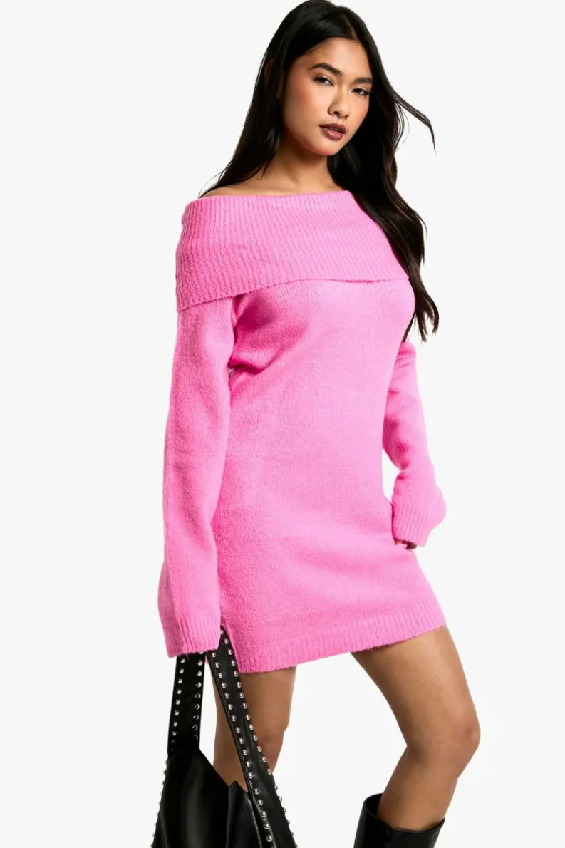 Jumper Dresses|Jumper Dresses*boohoo Rib Bardot Neckline Mini Jumper Dress pink