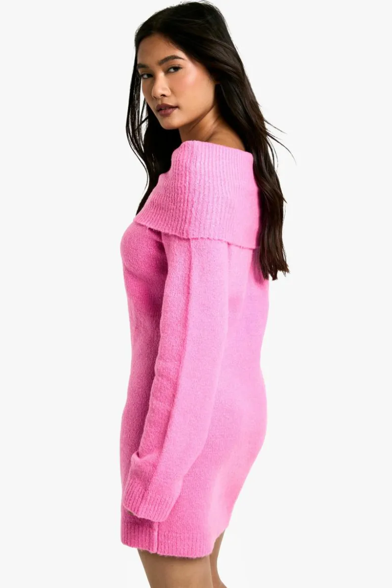 Jumper Dresses|Jumper Dresses*boohoo Rib Bardot Neckline Mini Jumper Dress pink