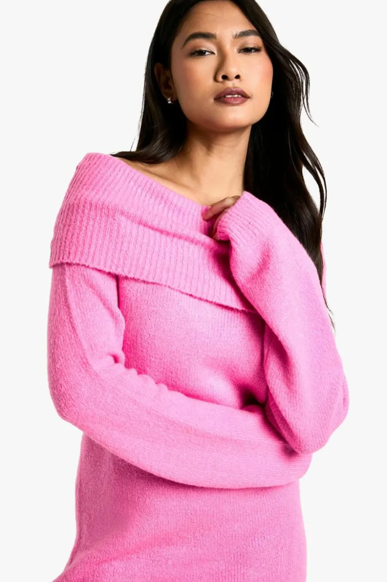 Jumper Dresses|Jumper Dresses*boohoo Rib Bardot Neckline Mini Jumper Dress pink