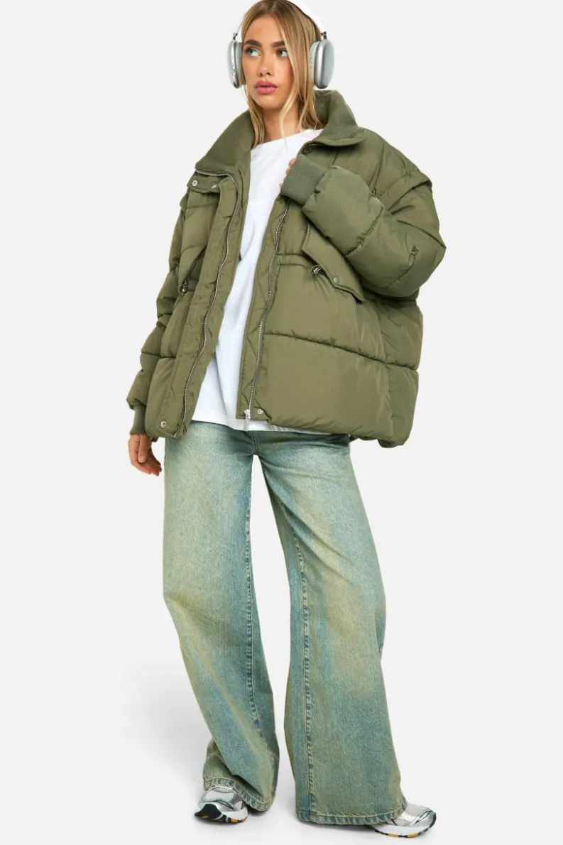 Up To 80% Off Winter Warmers|Puffer Jackets*boohoo Rib Collar Oversized Puffer Jacket khaki