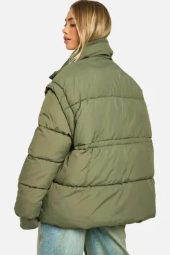 Up To 80% Off Winter Warmers|Puffer Jackets*boohoo Rib Collar Oversized Puffer Jacket khaki