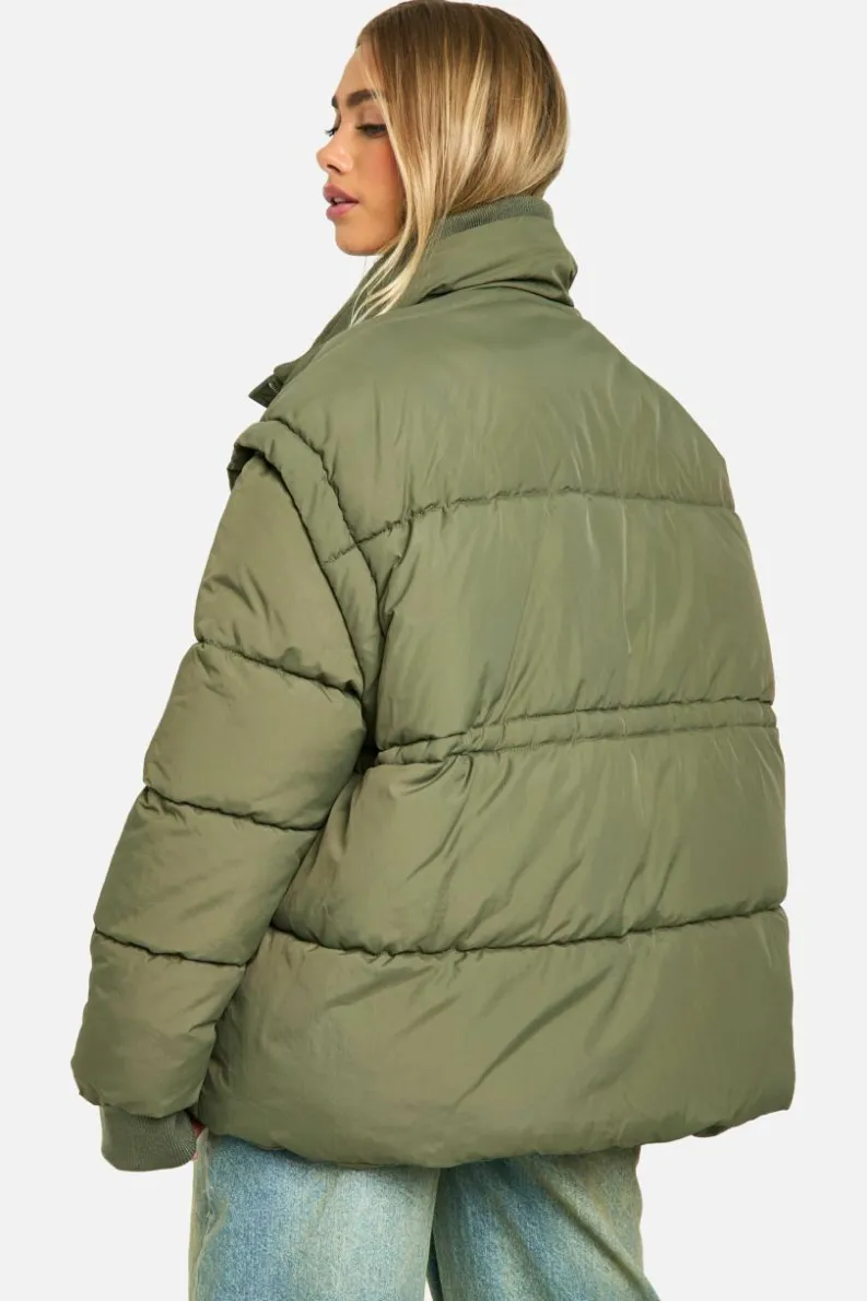 Up To 80% Off Winter Warmers|Puffer Jackets*boohoo Rib Collar Oversized Puffer Jacket khaki