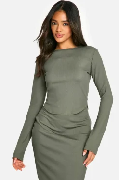 Long Sleeve Tops*boohoo Rib Crew Neck Long Sleeve Dip Hem Top khaki