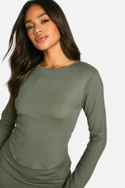 Long Sleeve Tops*boohoo Rib Crew Neck Long Sleeve Dip Hem Top khaki