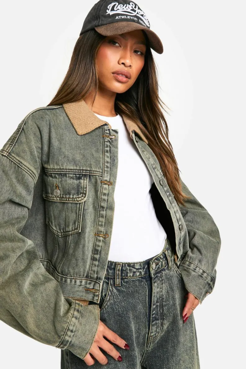 Up To 80% Off Winter Warmers|Denim Jackets*boohoo Rib Detail Denim Jacket vintage wash