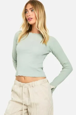 Long Sleeve Tops*boohoo Rib Distressed Hem Long Sleeve Top sage