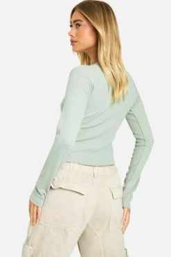 Long Sleeve Tops*boohoo Rib Distressed Hem Long Sleeve Top sage