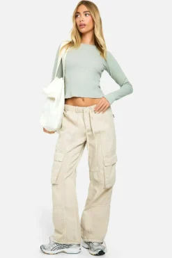 Long Sleeve Tops*boohoo Rib Distressed Hem Long Sleeve Top sage