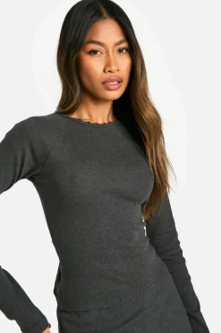 Long Sleeve Tops*boohoo Rib Distressed Hem Long Sleeve Top charcoal