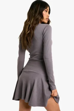 Skater Dresses*boohoo Rib Dropped Hem Skater Dress grey