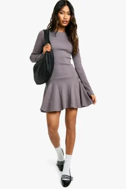 Skater Dresses*boohoo Rib Dropped Hem Skater Dress grey