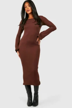 Midi Dresses*boohoo Rib Flare Sleeve Midi Dress chocolate