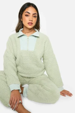 Up To 80% Off Winter Warmers|Loungewear*boohoo Rib Fleece Half Zip And Jogger Lounge Set sage