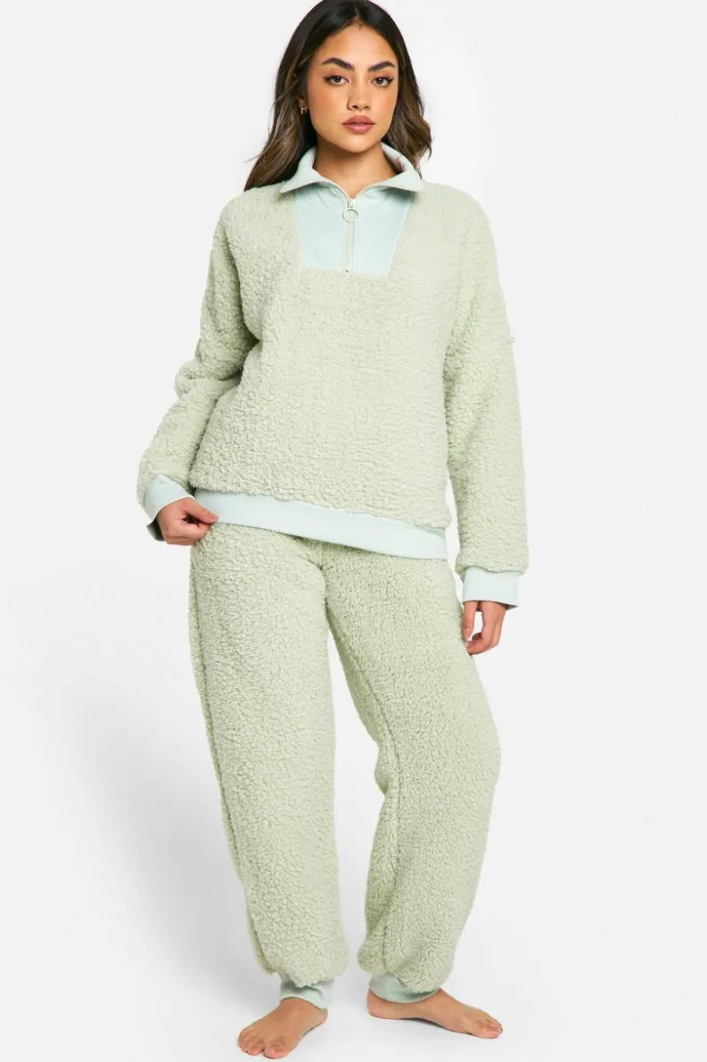Up To 80% Off Winter Warmers|Loungewear*boohoo Rib Fleece Half Zip And Jogger Lounge Set sage