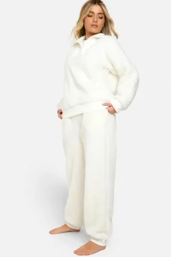 Up To 80% Off Winter Warmers|Loungewear*boohoo Rib Fleece Half Zip And Jogger Lounge Set cream