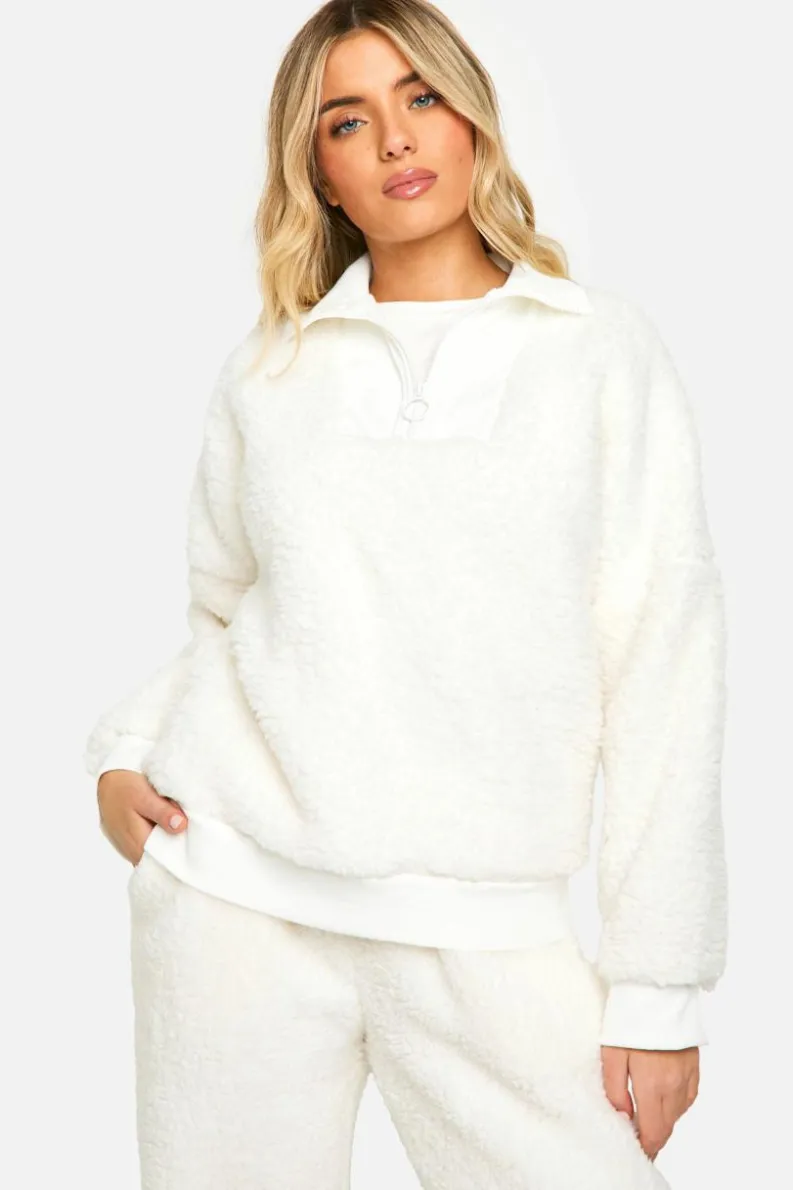 Up To 80% Off Winter Warmers|Loungewear*boohoo Rib Fleece Half Zip And Jogger Lounge Set cream