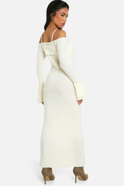 Jumper Dresses|Jumper Dresses*boohoo Rib Knit Bardot Halterneck Maxi Dress butter