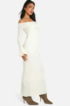 Jumper Dresses|Jumper Dresses*boohoo Rib Knit Bardot Halterneck Maxi Dress butter