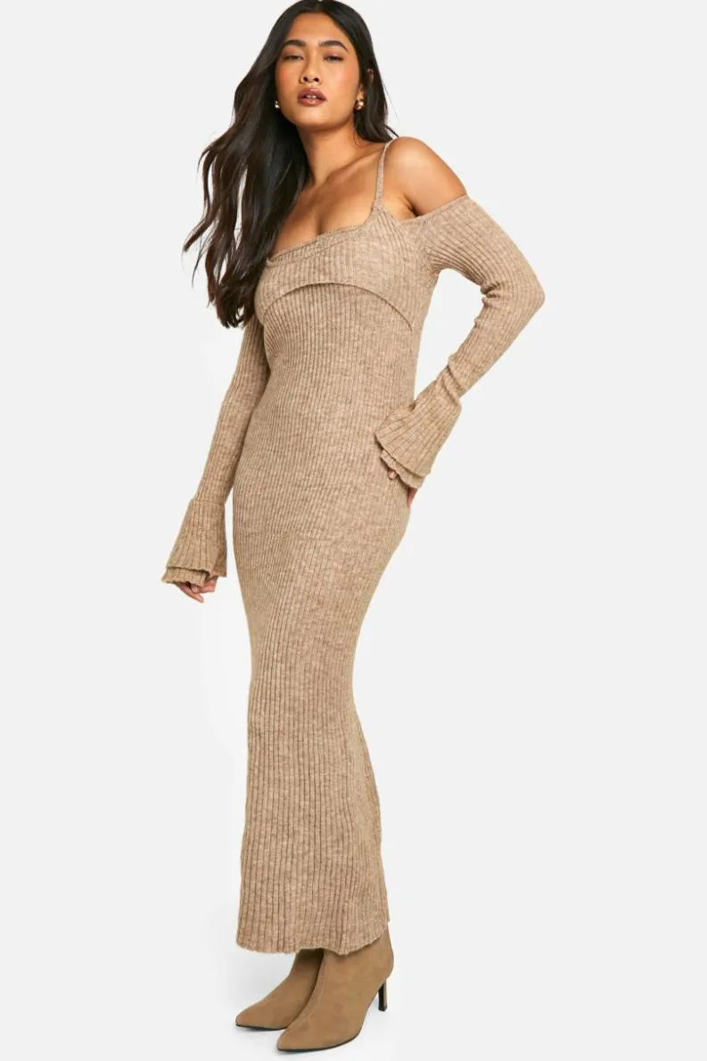 Jumper Dresses|Jumper Dresses*boohoo Rib Knit Bardot Halterneck Maxi Dress oatmeal