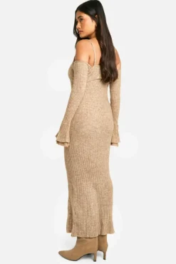 Jumper Dresses|Jumper Dresses*boohoo Rib Knit Bardot Halterneck Maxi Dress oatmeal