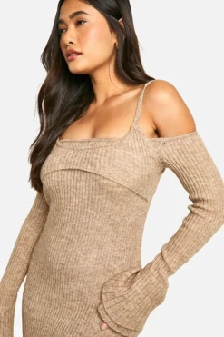 Jumper Dresses|Jumper Dresses*boohoo Rib Knit Bardot Halterneck Maxi Dress oatmeal