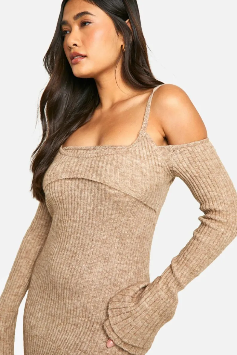 Jumper Dresses|Jumper Dresses*boohoo Rib Knit Bardot Halterneck Maxi Dress oatmeal