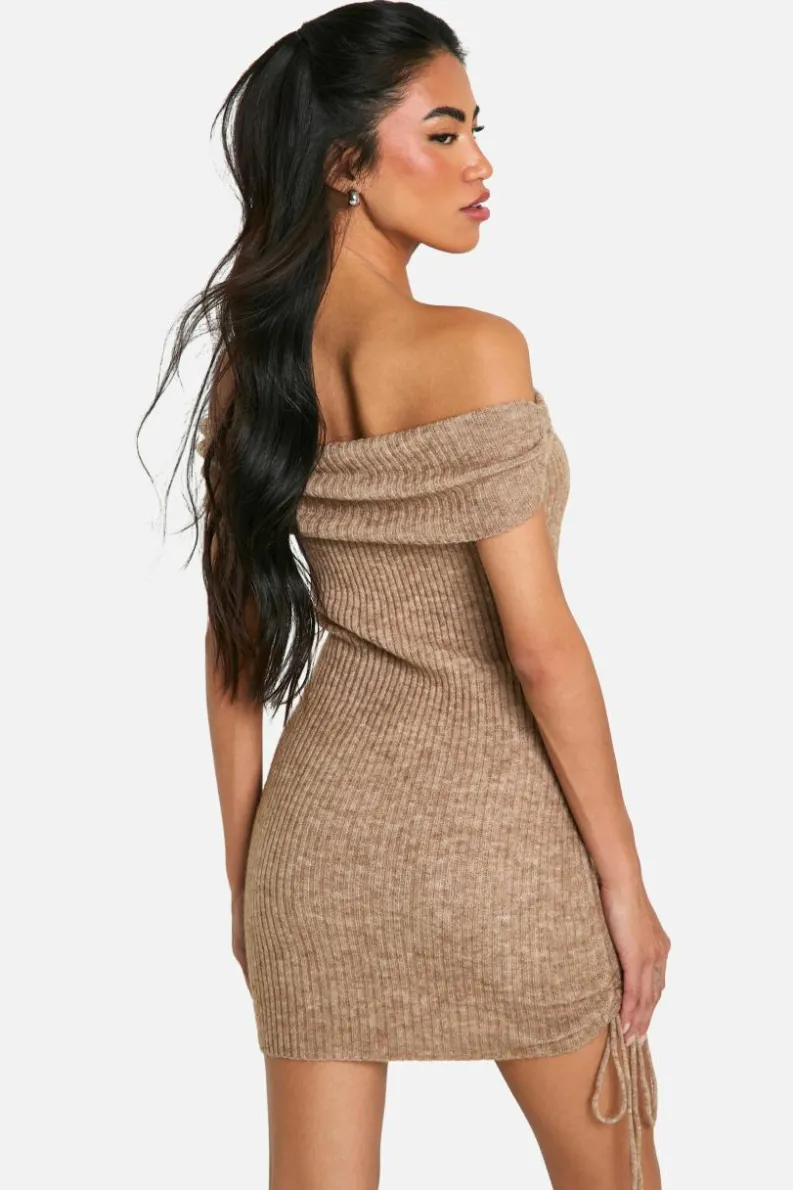 Jumper Dresses|Jumper Dresses*boohoo Rib Knit Bardot Ruched Mini Dress oatmeal