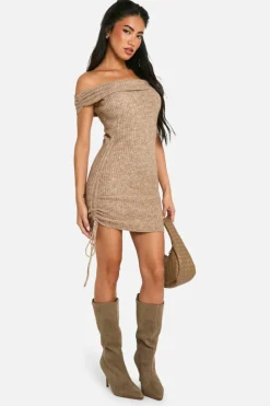 Jumper Dresses|Jumper Dresses*boohoo Rib Knit Bardot Ruched Mini Dress oatmeal
