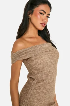 Jumper Dresses|Jumper Dresses*boohoo Rib Knit Bardot Ruched Mini Dress oatmeal