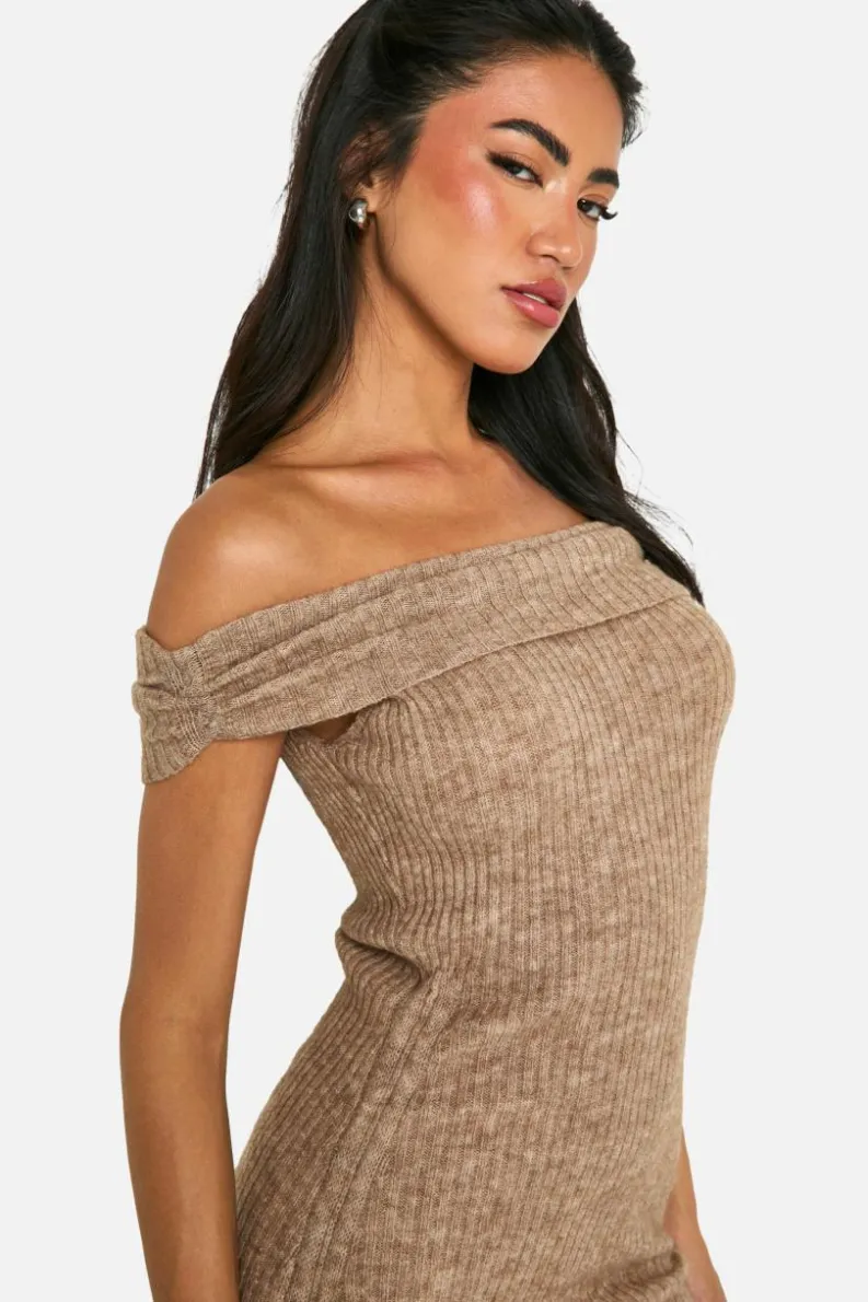 Jumper Dresses|Jumper Dresses*boohoo Rib Knit Bardot Ruched Mini Dress oatmeal