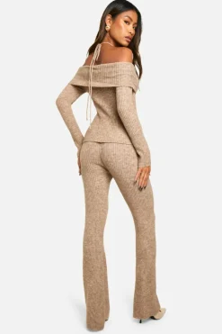 Knitted Co-Ords*boohoo Rib Knit Bardot Split Hem Top & Flare Trouser Co-ord oatmeal