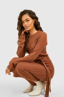 Midi Dresses|Jumper Dresses*boohoo Rib Knit Belted Midi Dress brown